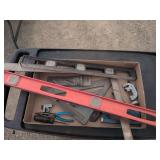 Miscellaneous Carpenter tools anodized level speed square pliers utility knife, stapler two pipe cutters Allen key headset