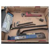 Multiple size pry bars carpet knife 10-in heavy duty pipe wrench