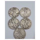 5 Walking Libertys 4 1944 & 1 1943 90 % Silver