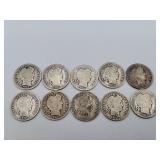 10 Barber Dimes Mixed Dates  90% Silver