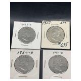 4 Franklin Halfs 1955.1952S,1954D,1954D 90 % Silver