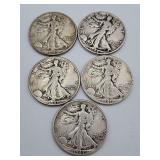 5 Walking Liberty Mixed Dates 90% Silver