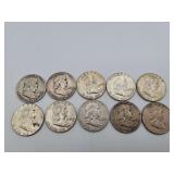 10 Franklin Halfs Mixed Dates 90% Silver