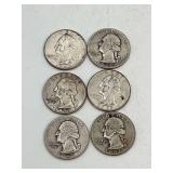 6 Washington Quarters 90% Silver Mixed