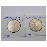 2 Walking Liberty 1945,1940 90 % Silver UN