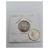 2 Mercury Dimes 1920 D 1942 (0 % Silver