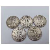 5 Walking Libertys Mixed Dates 90% Silver