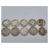 10 Barber Dimes Mixed Dates 90% Silver