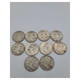 10 Franklin Halfs Mixed Dates 90 % Silver