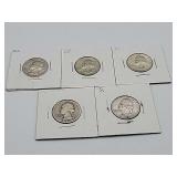 5 Washington Quarters Mixed Dated 90% Silver