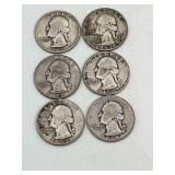 6 Washington Quarters 90% Silver Mixed