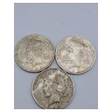 3 Peace Dollars 1923 1922 1923 Au 90 % Silver