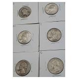 6 Washington Quarters Mixed Dates 90% Silver