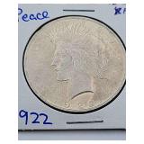 2 Peace Dollars 1922 XF, 1922 AU 90% Silver