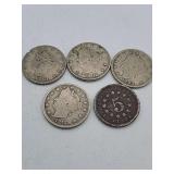 4 V Nickels Mixed Dates, 1 Sheild Nickel