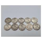 10 Walking Liberty Mixed Dates 90% Silver