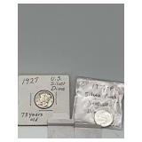 1958 P Roosevelt Silver Proof Dime Bu & 1927 Mercury Dime 78 Years Old Both Nice Coins
