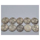 10 Walking Liberty Mixed Dates 90% Silver