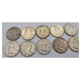 10 Franklin Halfs Mixed Dates 90 % Silver
