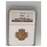 1901 S G$5 Gold Coin MS61 Another High Grade For An Older Coin