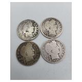 4 Barber Quarters 1899,1897,1902.1908D 90% Silver