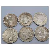 6 Peace Dollars Mixed Dates 90 % Silver