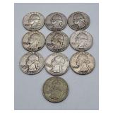 10 Washington Quarters 90% Silver Mixed Dates