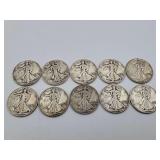 10 Walking Liberty Mixed Dates 90% Silver