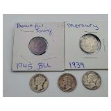 5 Mercury Dimes Mixed Dates 90 % Silver