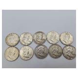 10 Franklin Halfs Mixed Dates 90% Silver