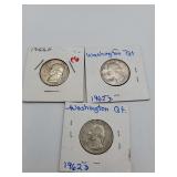 3 Washington Quarters 1962 D,1956 D. 1962D 90% Silver