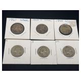 6 Washington Quarters Mixed Dates 90% Silver
