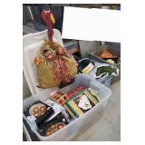Assorted Holiday Decorations, Halloween, Christmas, and Thanksgiving decorations in totes