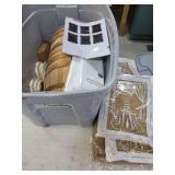 Party decorations, wooden baskets tablecloths in tote