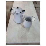 Enameled Metal Pitcher and Coffee Pot Set