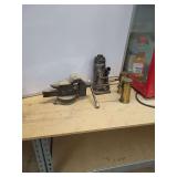 Lot of Littlestown No. 112 Vise, Hydraulic Jack, and Oil Cans