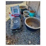 Bbq grill, charcoal briquettes lighter fluid, garden pots