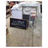 Assorted Decor and Storage Items including a Whiteboard, Wall Decor, and Closetmaid Wire Shelf Kit