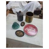 Assorted Collectibles Including Stoneware Crock, Coca-Cola Thermometer, Framed Portraits and Oil Can