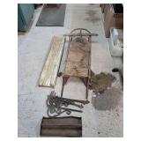 Wood Sled and Metal Architectural Elements, old wood, metal tool holder