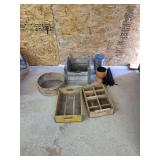 Assorted Wooden Crates Including Coca-Cola and United Farmers of NE Boston, umbrella, sifting ring