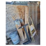 Table bases, shelves   step ladder, 2x4 saw horse lot, metal can, bowl
