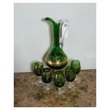 Vintage Green Glass Decanter and Wine Glass Set