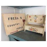 Kids bench and 2 signs