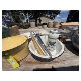 Porcelain Pot, Pans, Corn Cutter & Unknown Saw