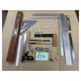 Squares, 2 small Vise Grips, levels,