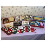 Box  of dominoes, Bible,  figurines, cards,