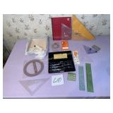 Protactors, triangles, Riefler drafting instrument