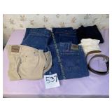 5 pairs of pants, 38W x 29L, and 1 Belt