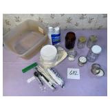 Canning jars, plastic spoons and forks, paper